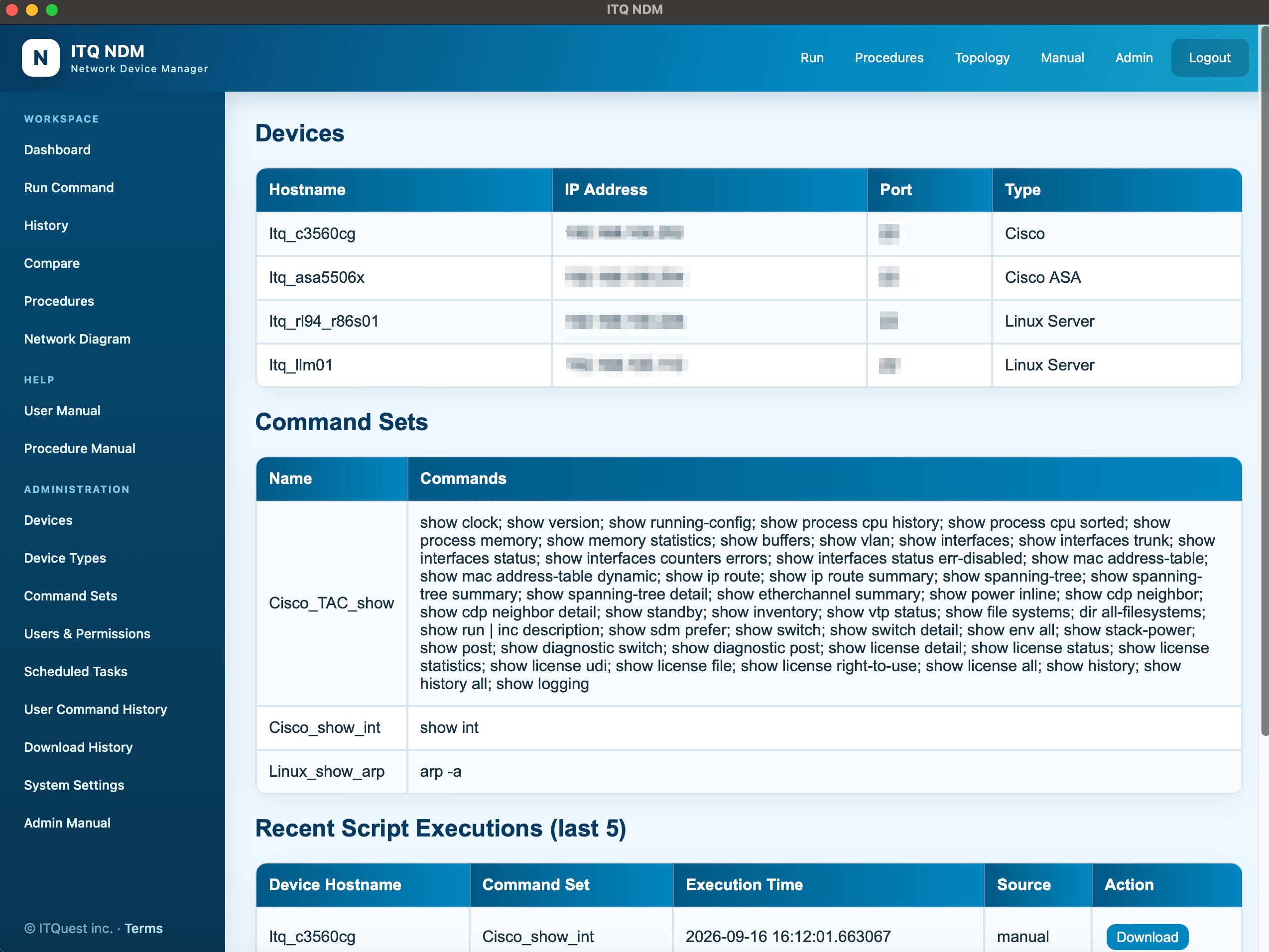 NDM v1.2.0のダッシュボード画面。デバイス一覧、コマンドセット、実行履歴を表示